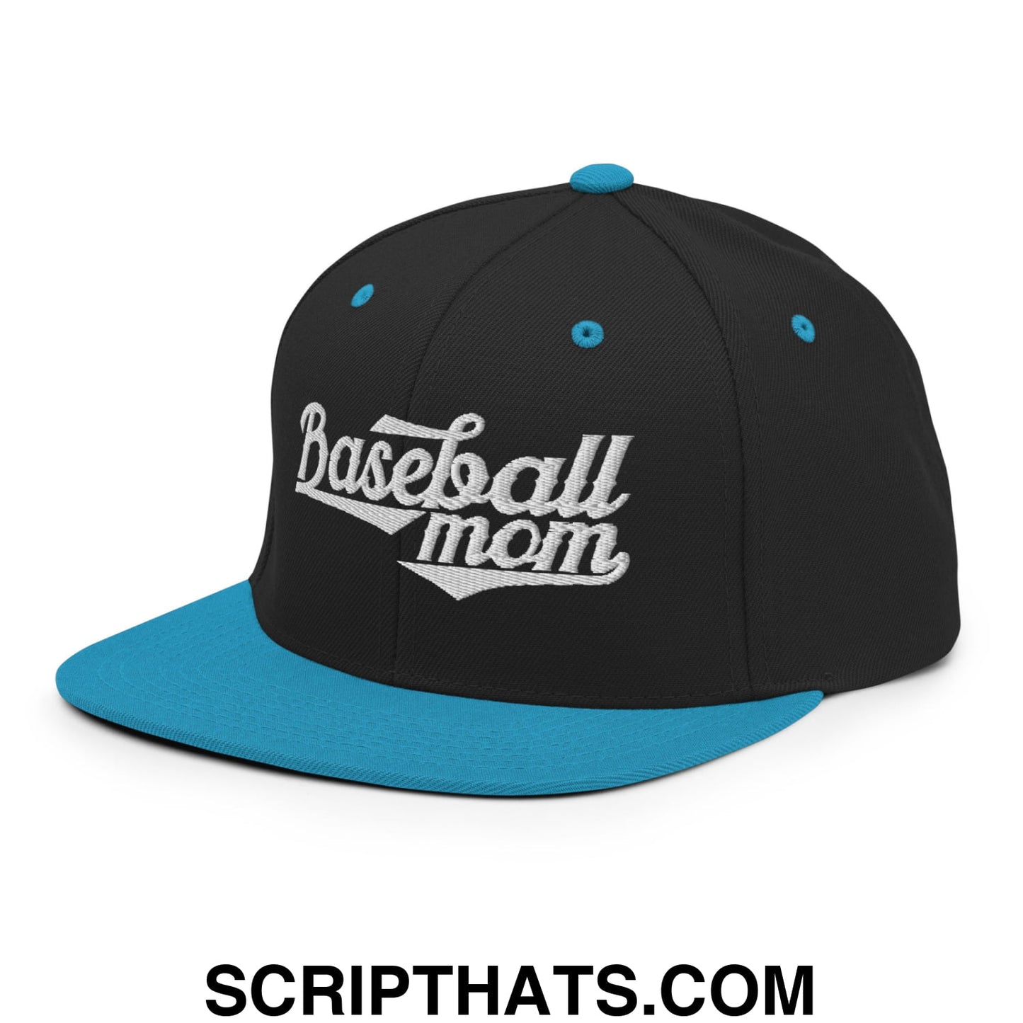 Baseball Mom Embroidered Flat Bill Brim Snapback Hat Black Teal
