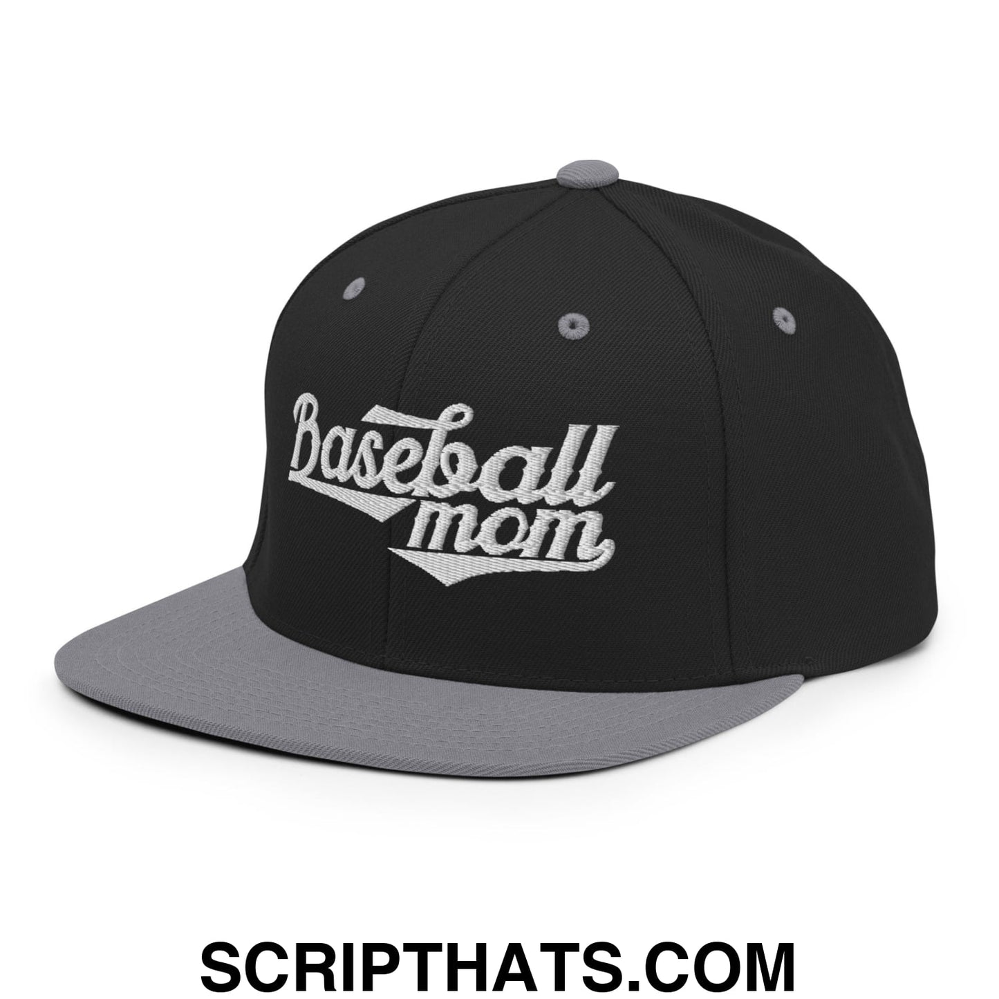 Baseball Mom Embroidered Flat Bill Brim Snapback Hat Black Silver