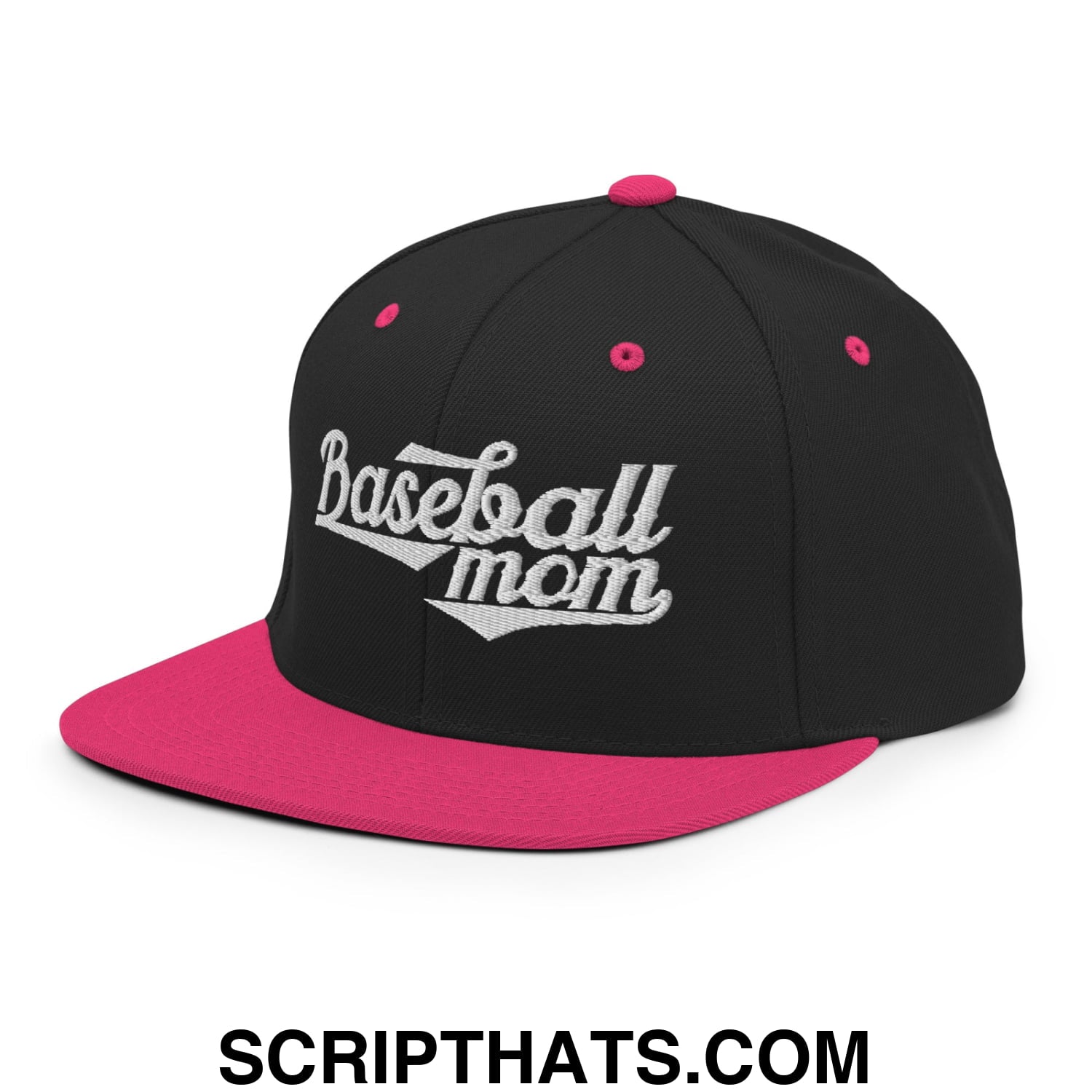 Baseball Mom Embroidered Flat Bill Brim Snapback Hat Black Neon Pink