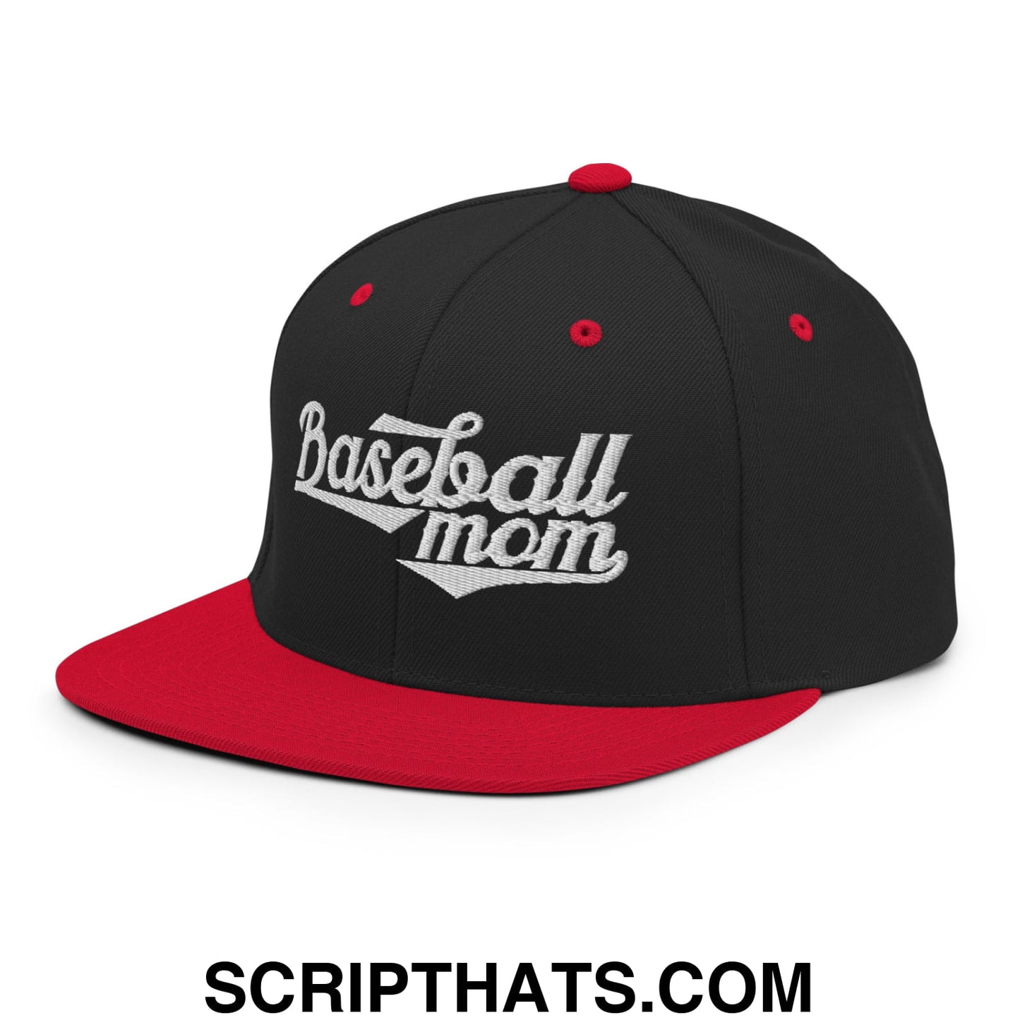Baseball Mom Embroidered Flat Bill Brim Snapback Hat Black Red