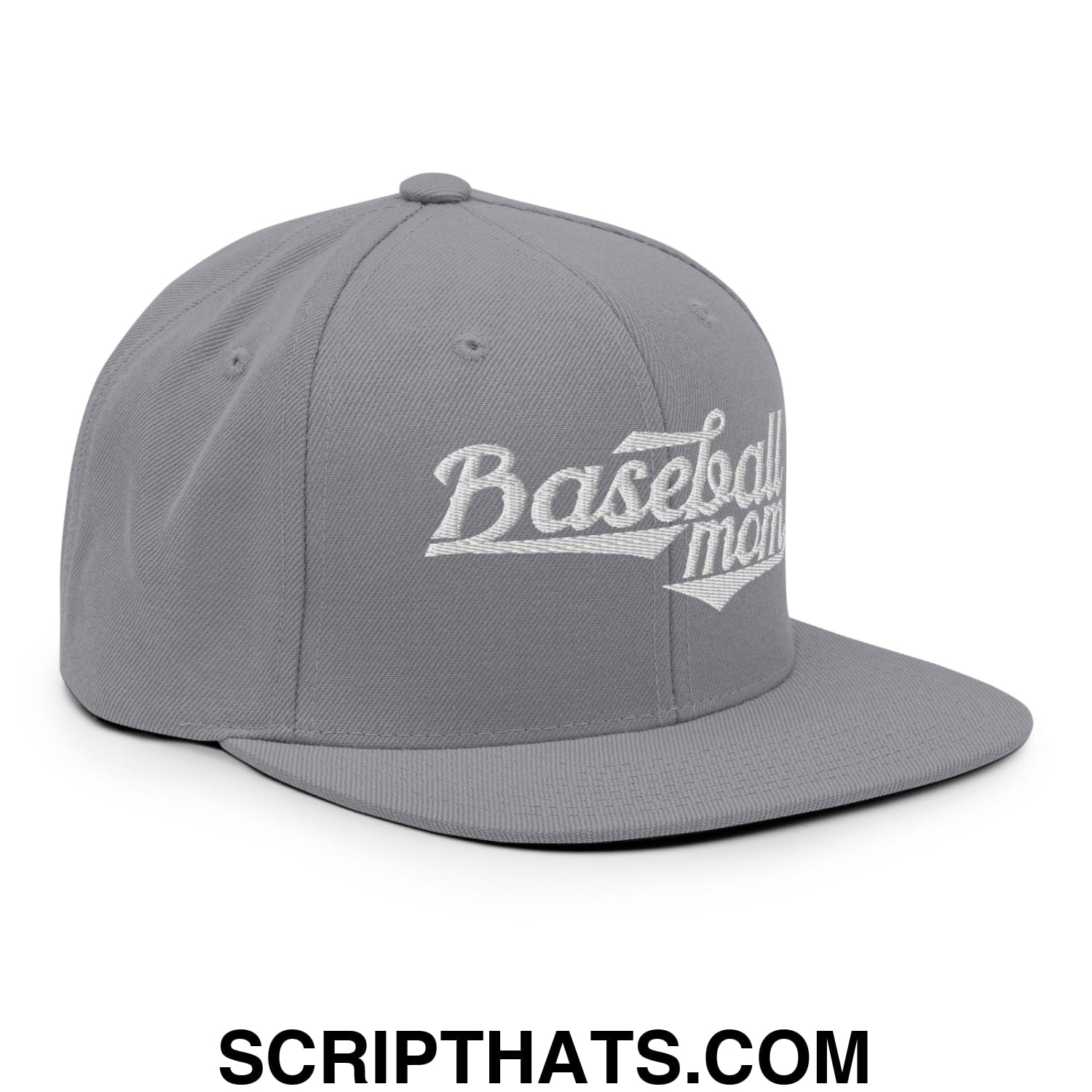 Baseball Mom Embroidered Flat Bill Brim Snapback Hat Silver