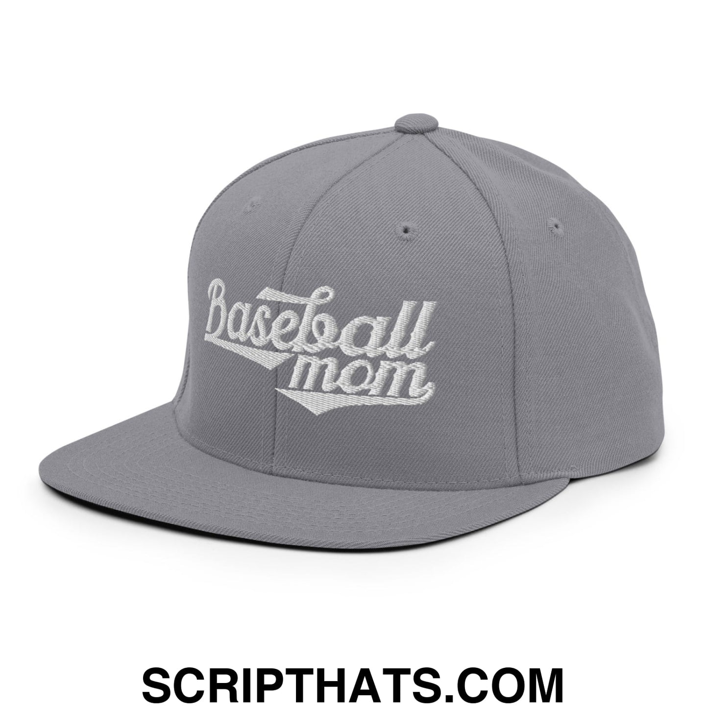 Baseball Mom Embroidered Flat Bill Brim Snapback Hat Silver