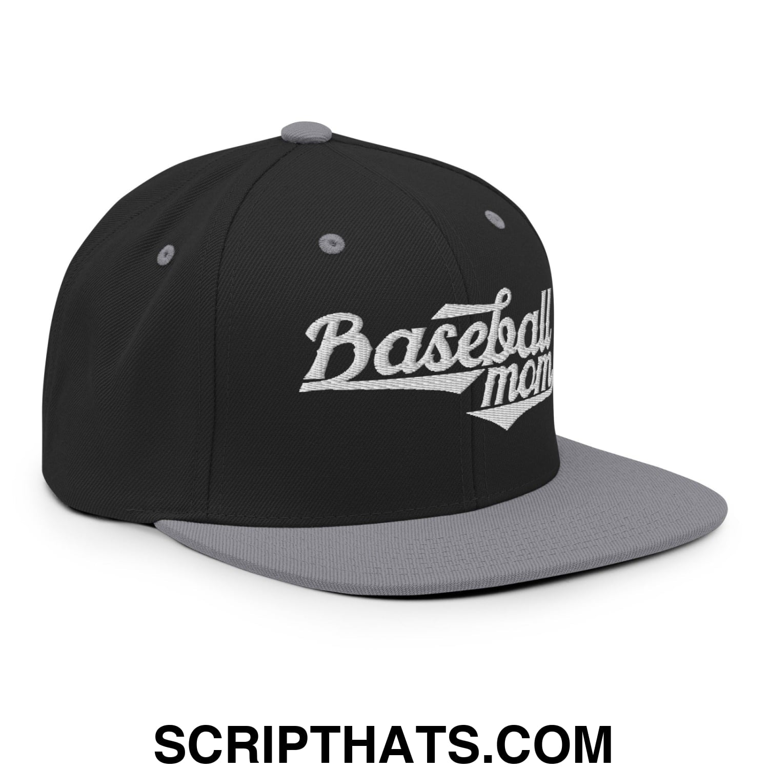 Baseball Mom Embroidered Flat Bill Brim Snapback Hat Black Silver