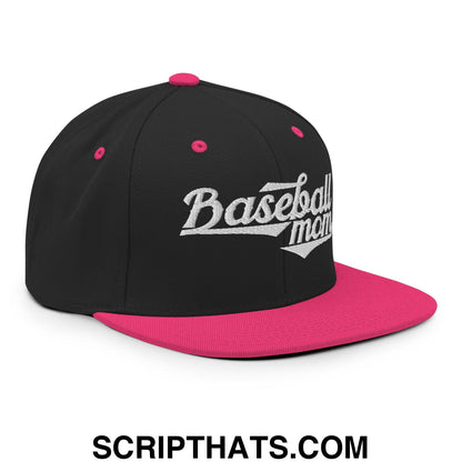 Baseball Mom Embroidered Flat Bill Brim Snapback Hat Black Neon Pink