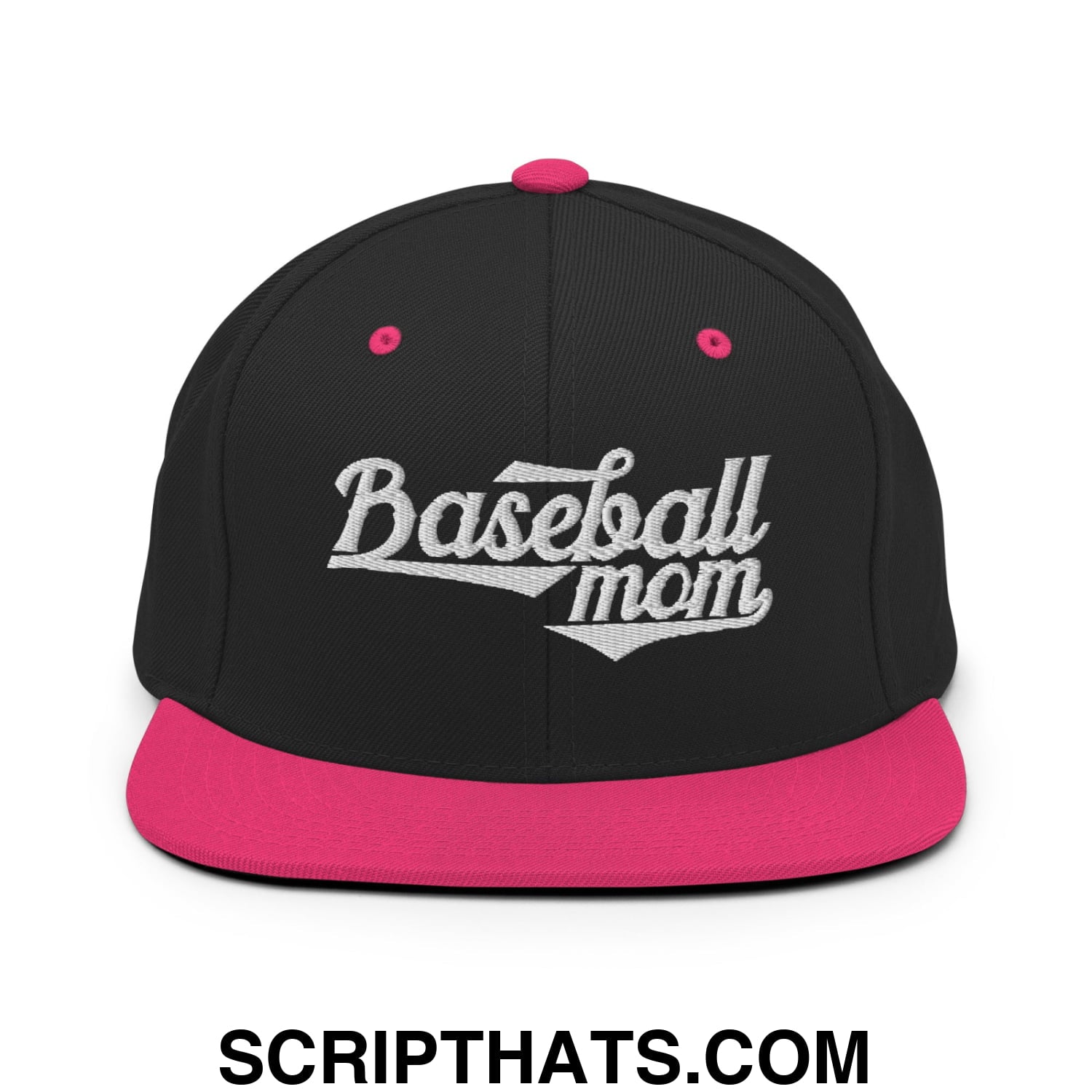 Baseball Mom Embroidered Flat Bill Brim Snapback Hat Black Neon Pink
