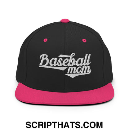 Baseball Mom Embroidered Flat Bill Brim Snapback Hat Black Neon Pink
