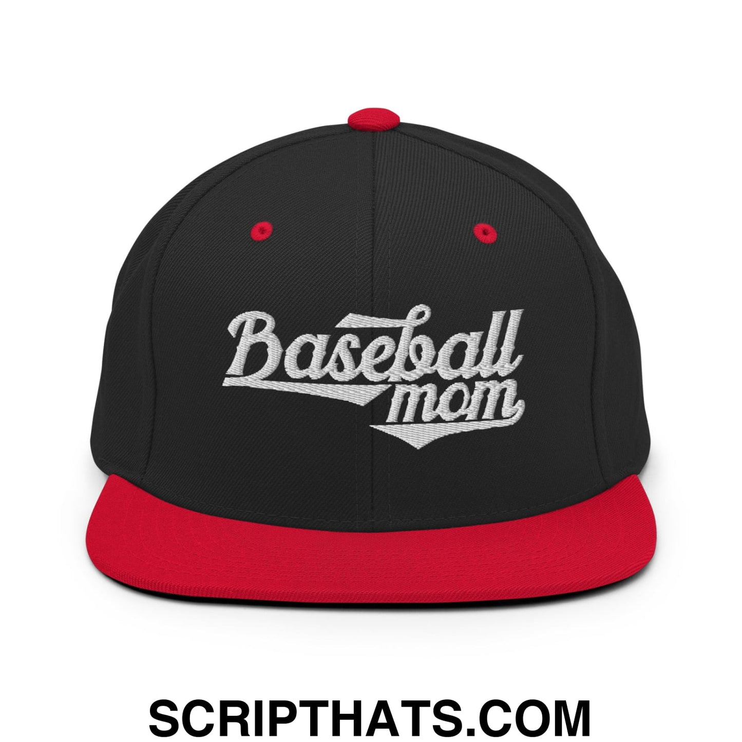 Baseball Mom Embroidered Flat Bill Brim Snapback Hat Black Red