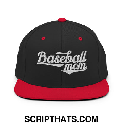 Baseball Mom Embroidered Flat Bill Brim Snapback Hat Black Red