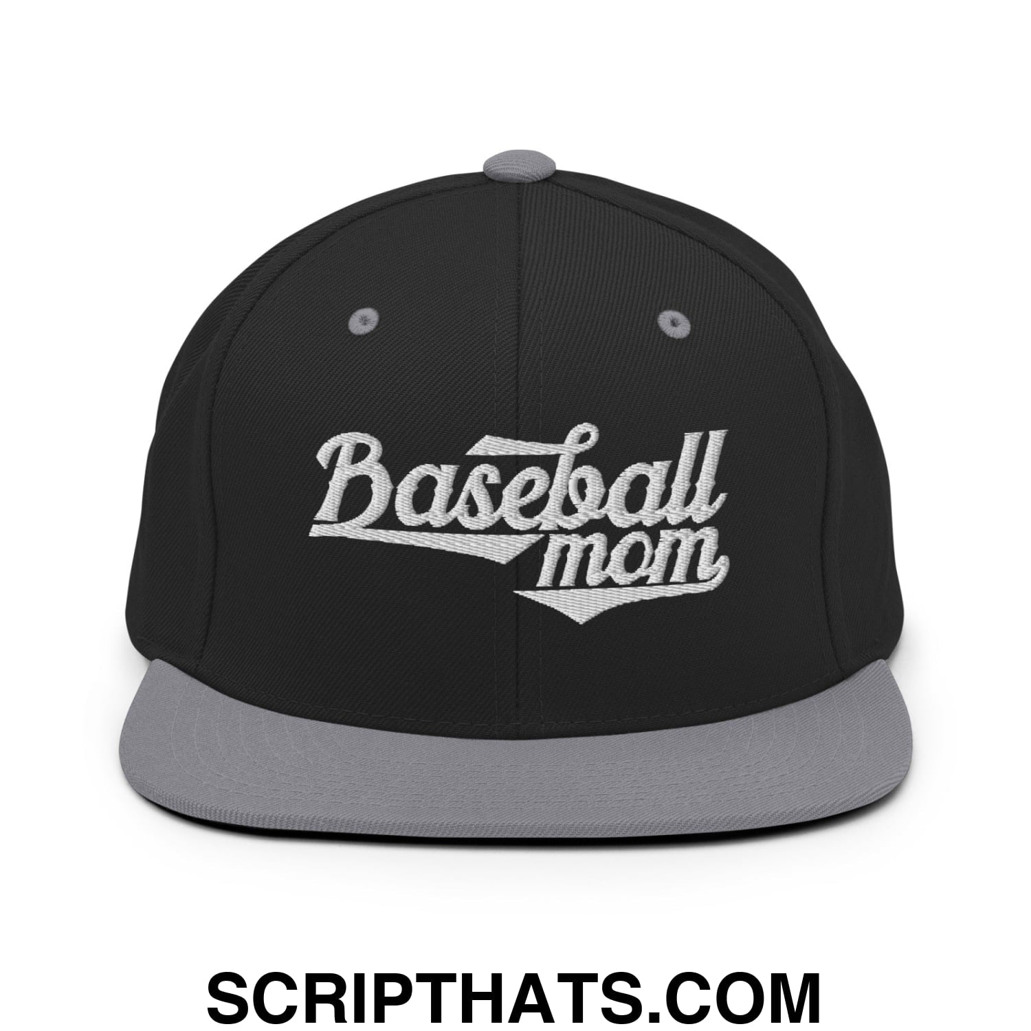 Baseball Mom Embroidered Flat Bill Brim Snapback Hat Black Silver