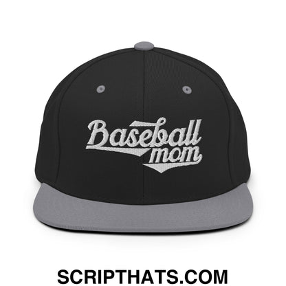 Baseball Mom Embroidered Flat Bill Brim Snapback Hat Black Silver