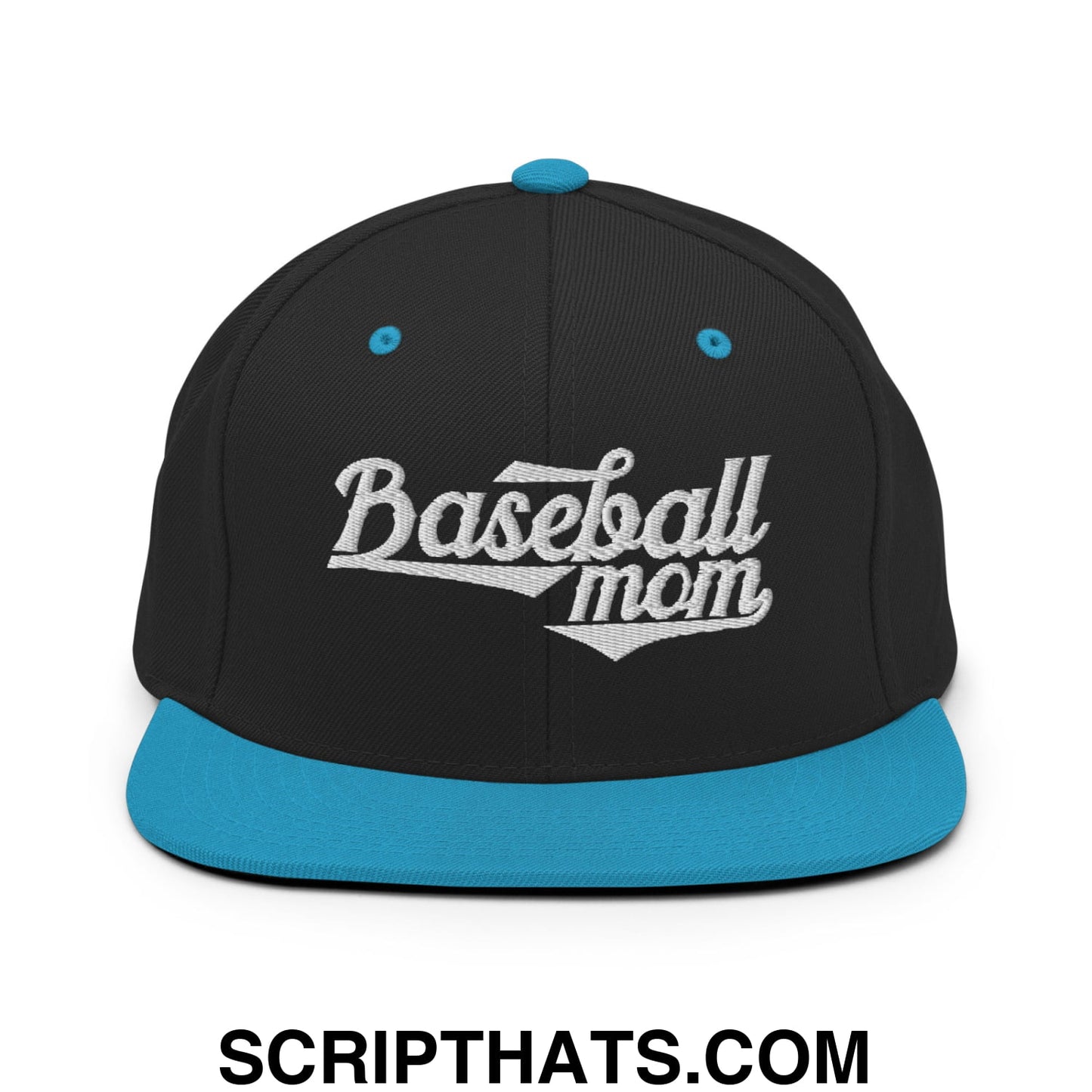 Baseball Mom Embroidered Flat Bill Brim Snapback Hat Black Teal