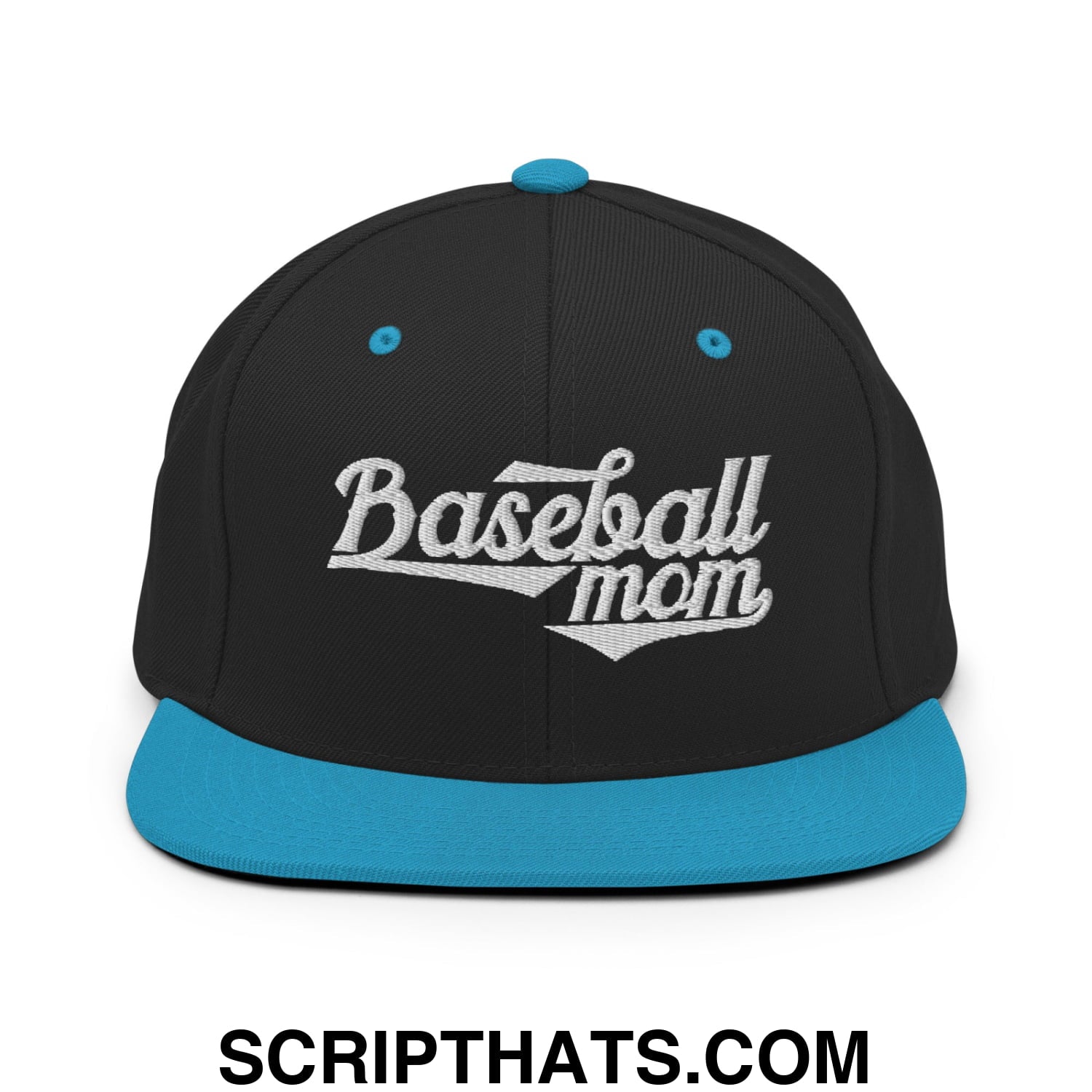Baseball Mom Embroidered Flat Bill Brim Snapback Hat Black Teal