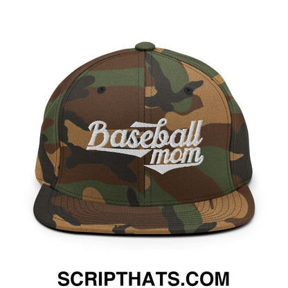 Baseball Mom Embroidered Flat Bill Brim Snapback Hat Green Camo