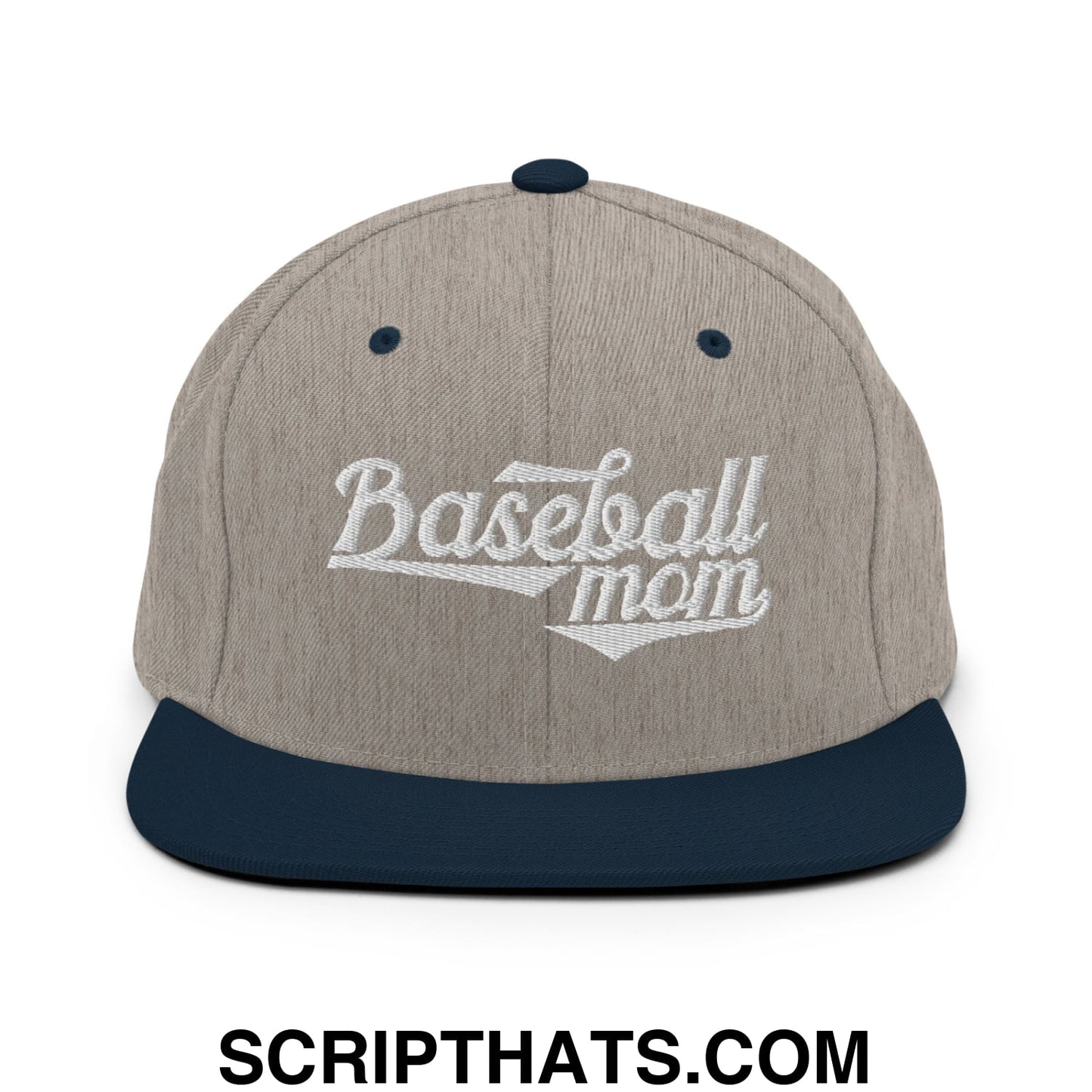 Baseball Mom Embroidered Flat Bill Brim Snapback Hat Heather Grey Navy