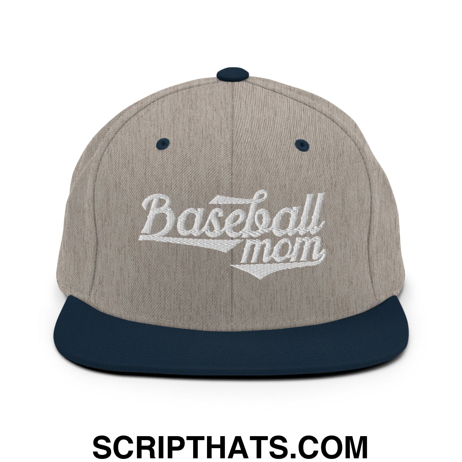 Baseball Mom Embroidered Flat Bill Brim Snapback Hat Heather Grey Navy