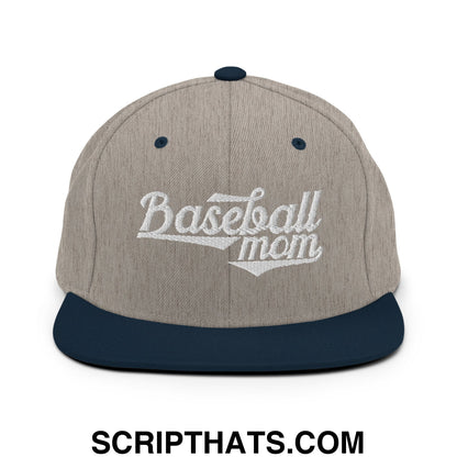 Baseball Mom Embroidered Flat Bill Brim Snapback Hat Heather Grey Navy