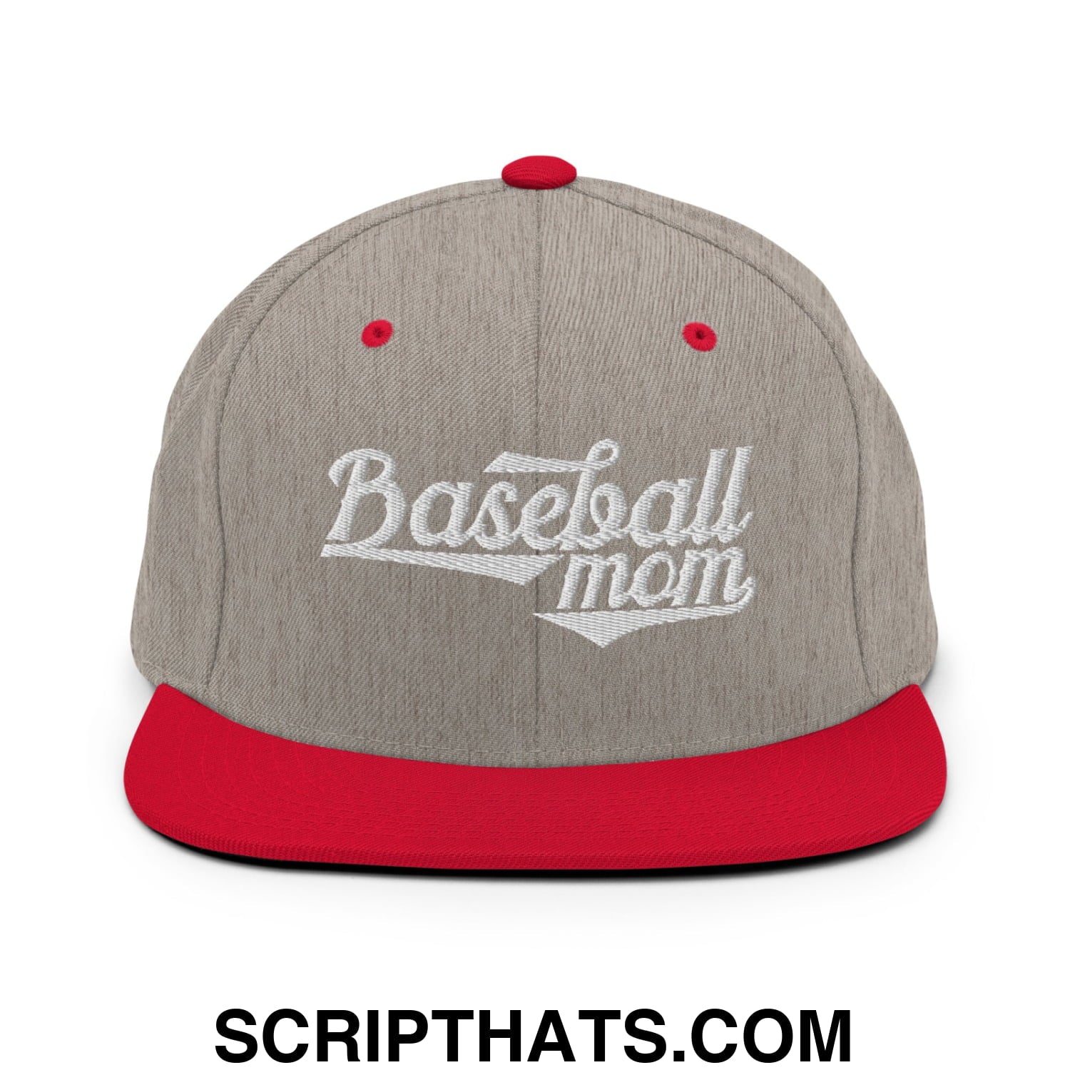 Baseball Mom Embroidered Flat Bill Brim Snapback Hat Heather Grey Red