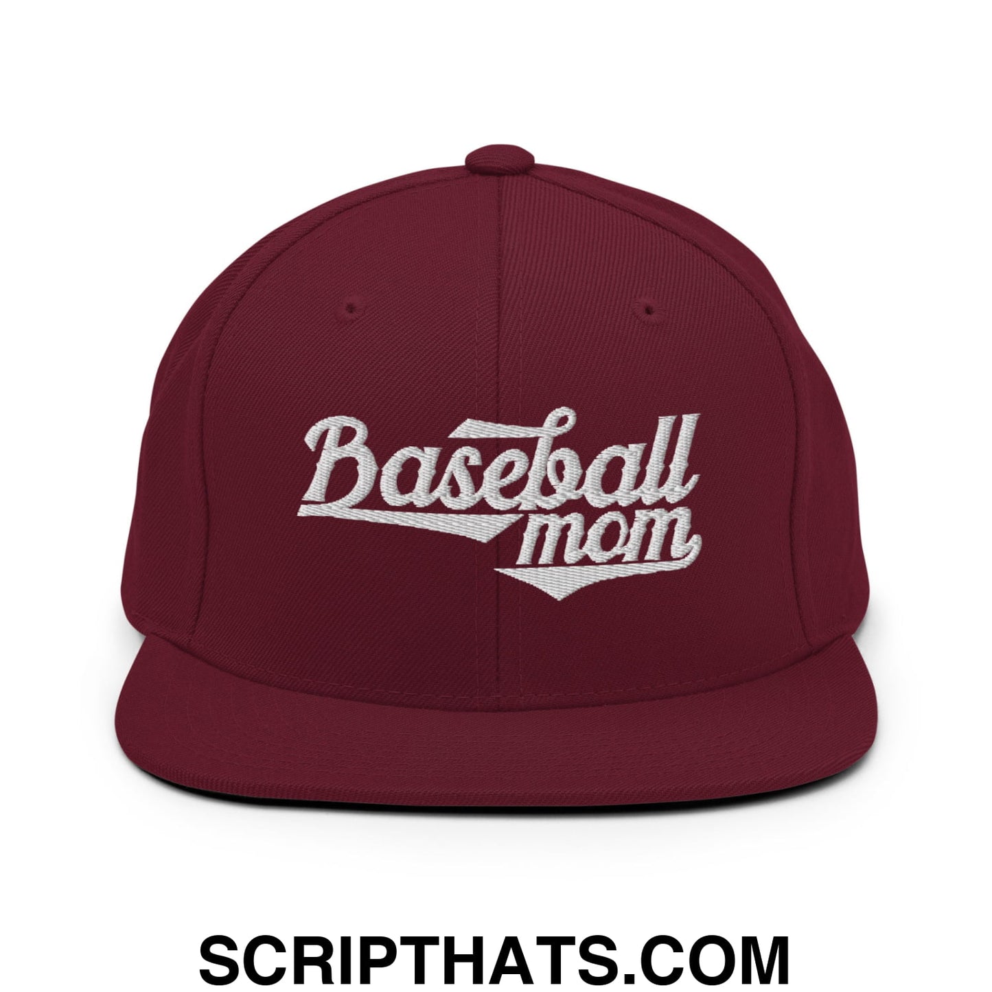 Baseball Mom Embroidered Flat Bill Brim Snapback Hat Maroon