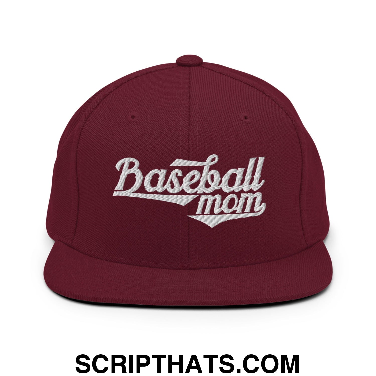 Baseball Mom Embroidered Flat Bill Brim Snapback Hat Maroon