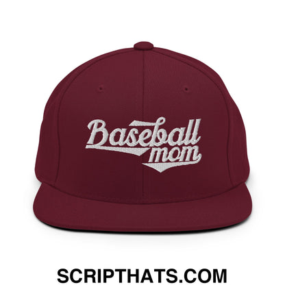 Baseball Mom Embroidered Flat Bill Brim Snapback Hat Maroon