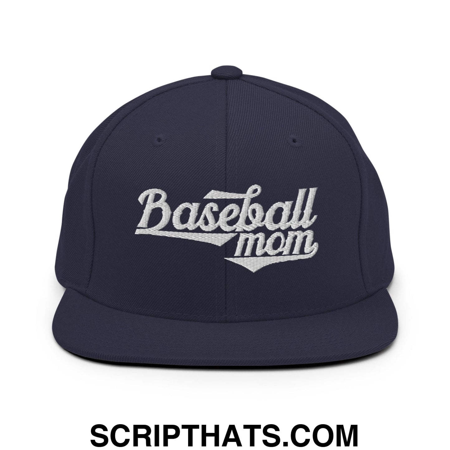 Baseball Mom Embroidered Flat Bill Brim Snapback Hat Navy