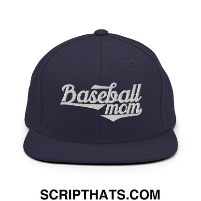 Baseball Mom Embroidered Flat Bill Brim Snapback Hat Navy