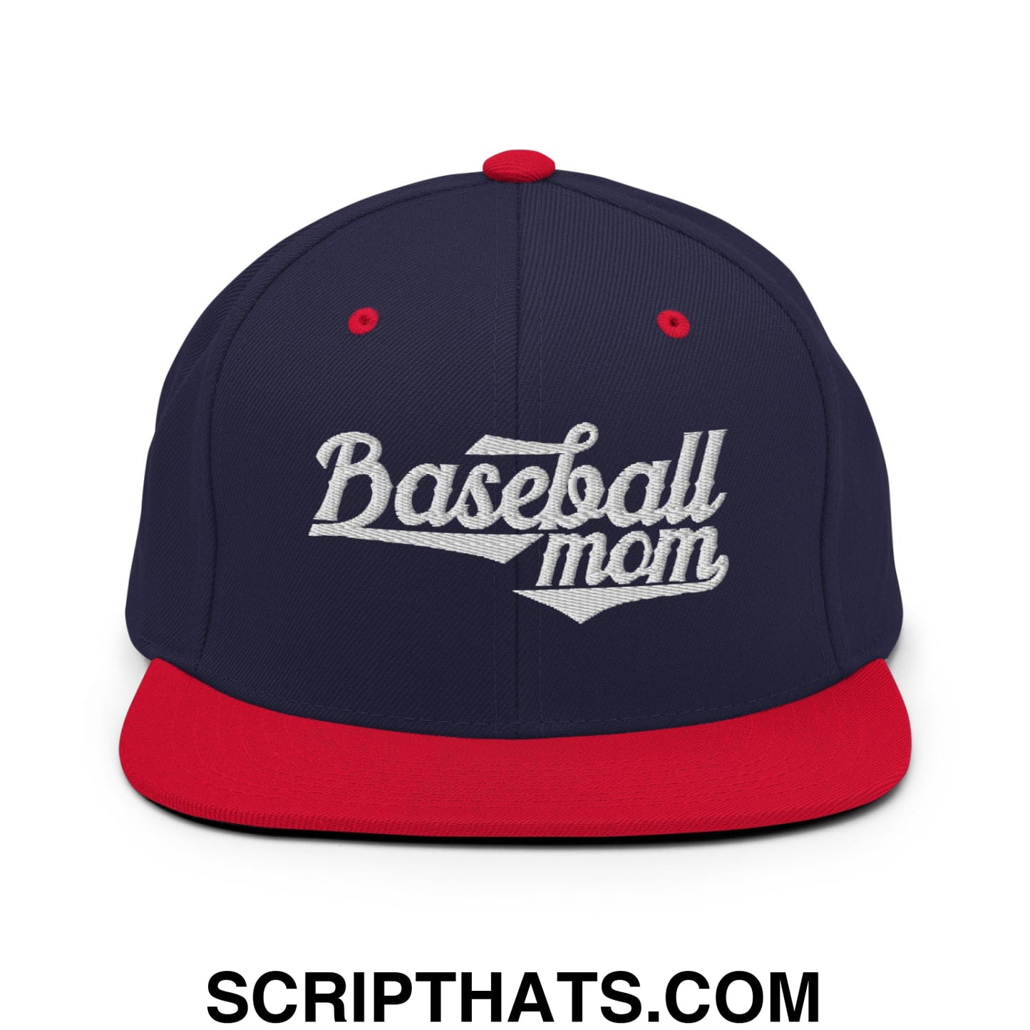 Baseball Mom Embroidered Flat Bill Brim Snapback Hat Navy Red