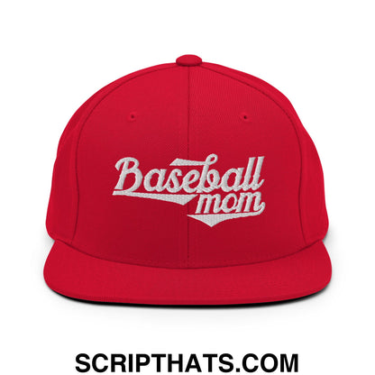 Baseball Mom Embroidered Flat Bill Brim Snapback Hat Red