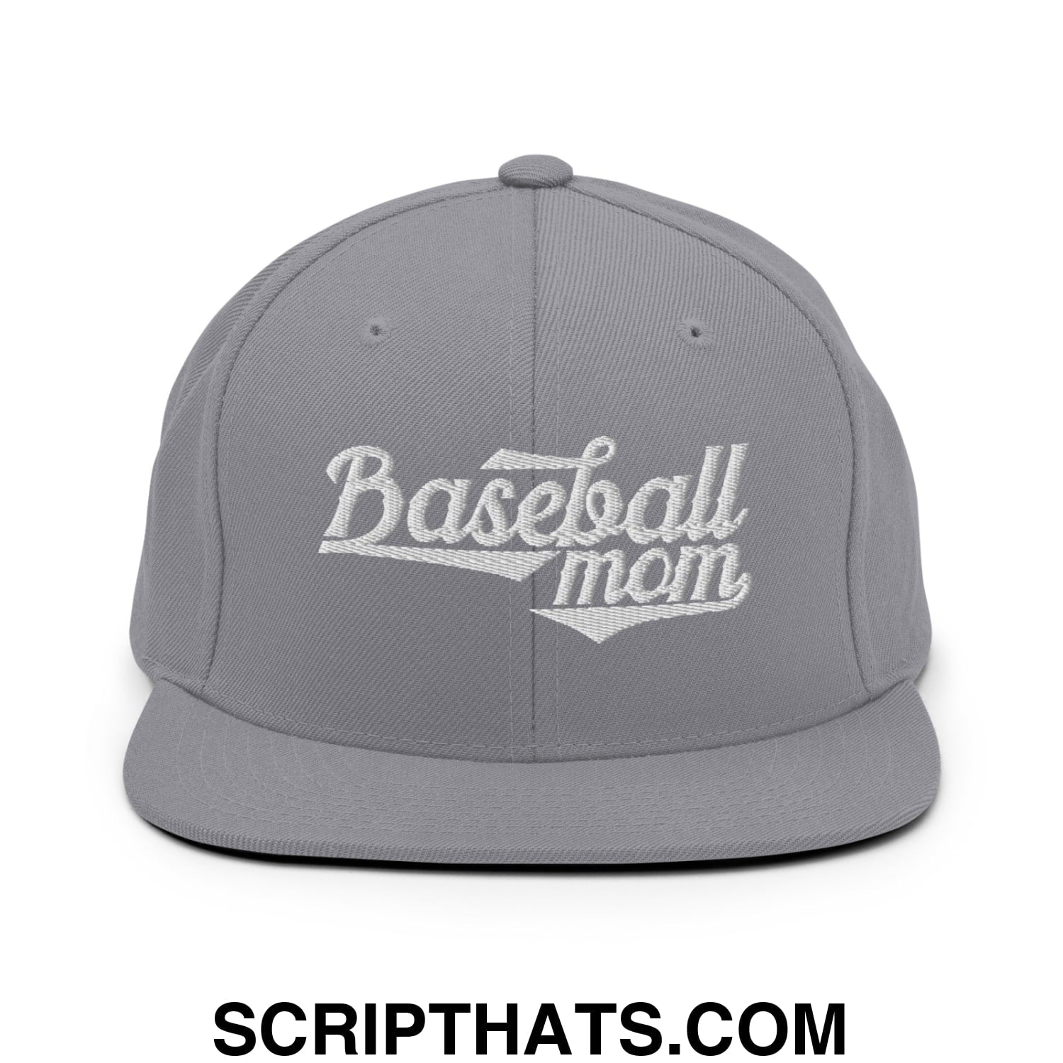 Baseball Mom Embroidered Flat Bill Brim Snapback Hat Silver
