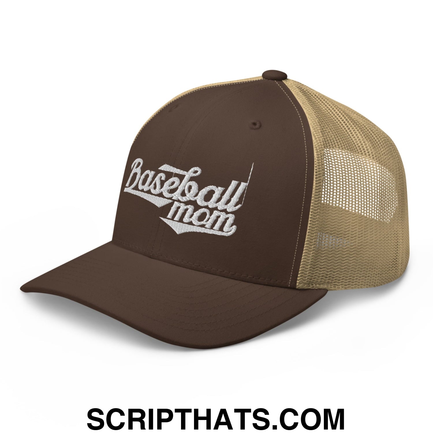 Baseball Mom Embroidered Mesh Trucker Hat Brown Khaki