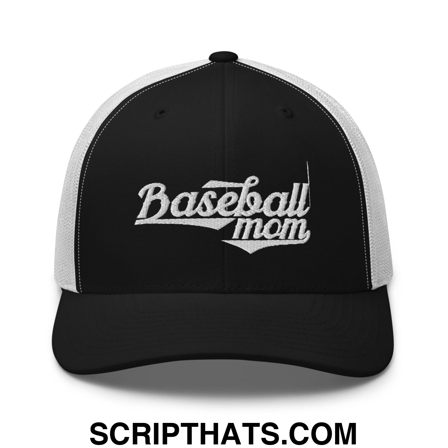 Baseball Mom Embroidered Mesh Trucker Hat Black White