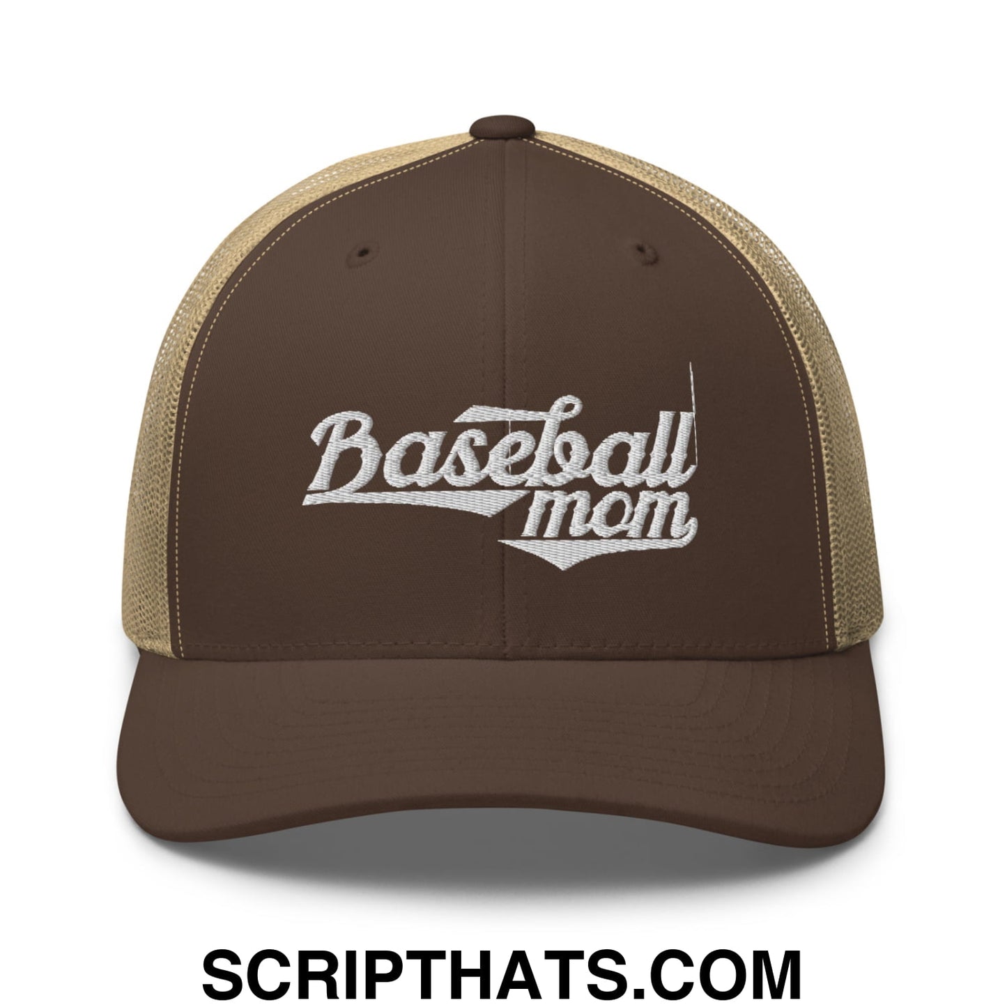 Baseball Mom Embroidered Mesh Trucker Hat Brown Khaki