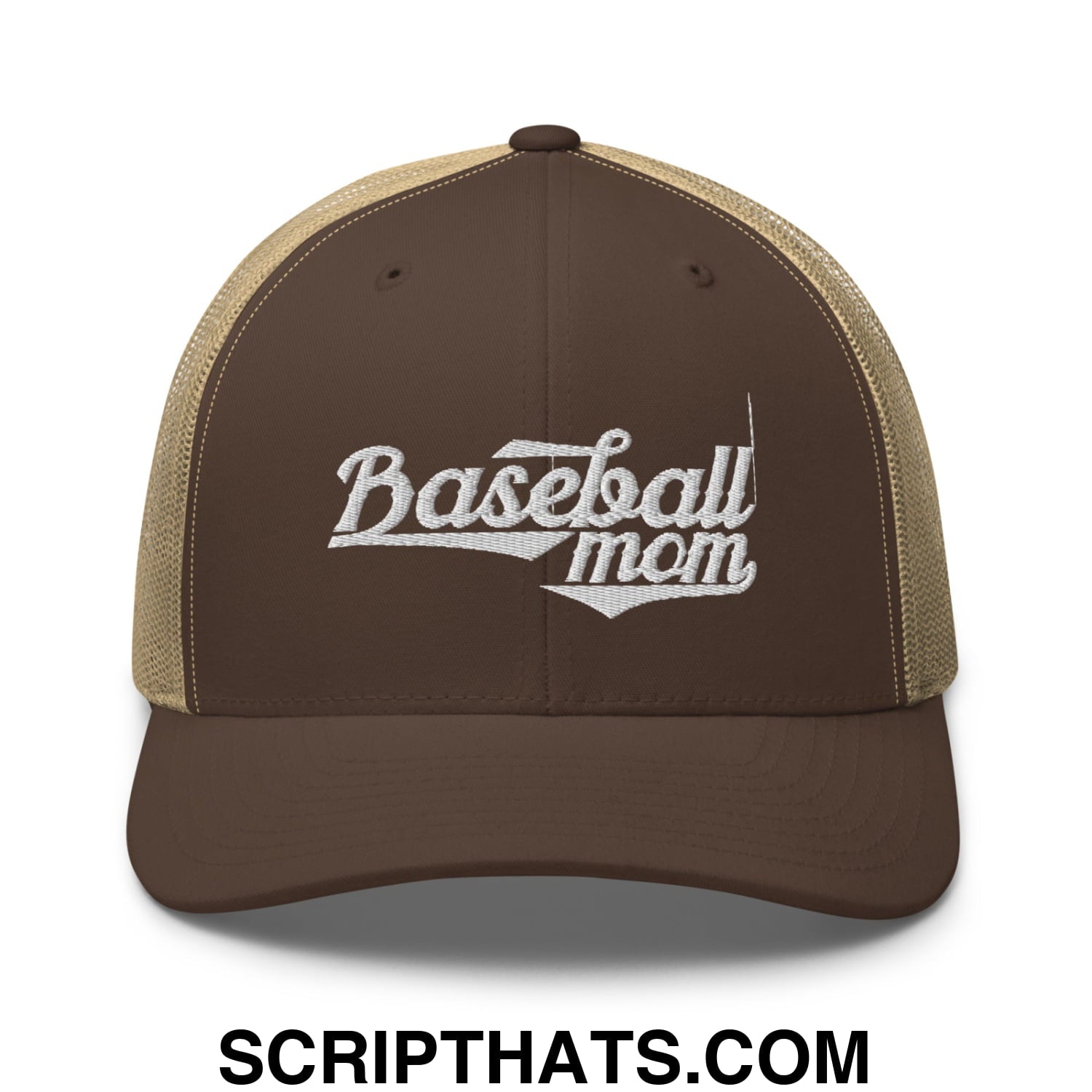 Baseball Mom Embroidered Mesh Trucker Hat Brown Khaki
