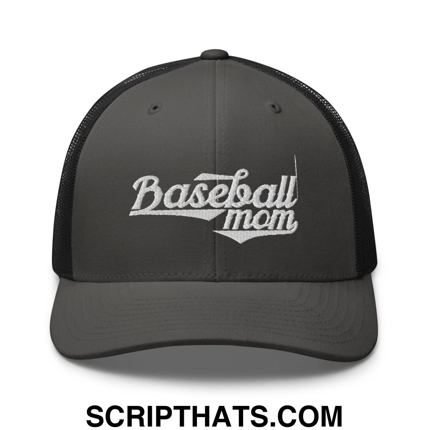 Baseball Mom Embroidered Mesh Trucker Hat Charcoal Black