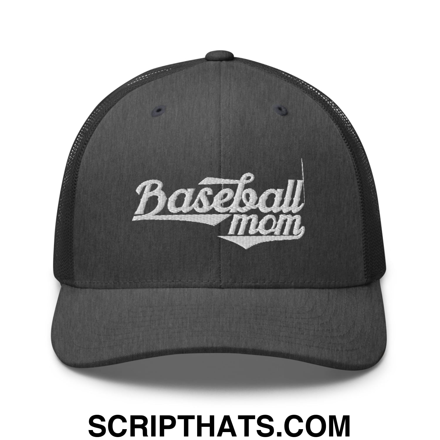 Baseball Mom Embroidered Mesh Trucker Hat Dark Heather Gray