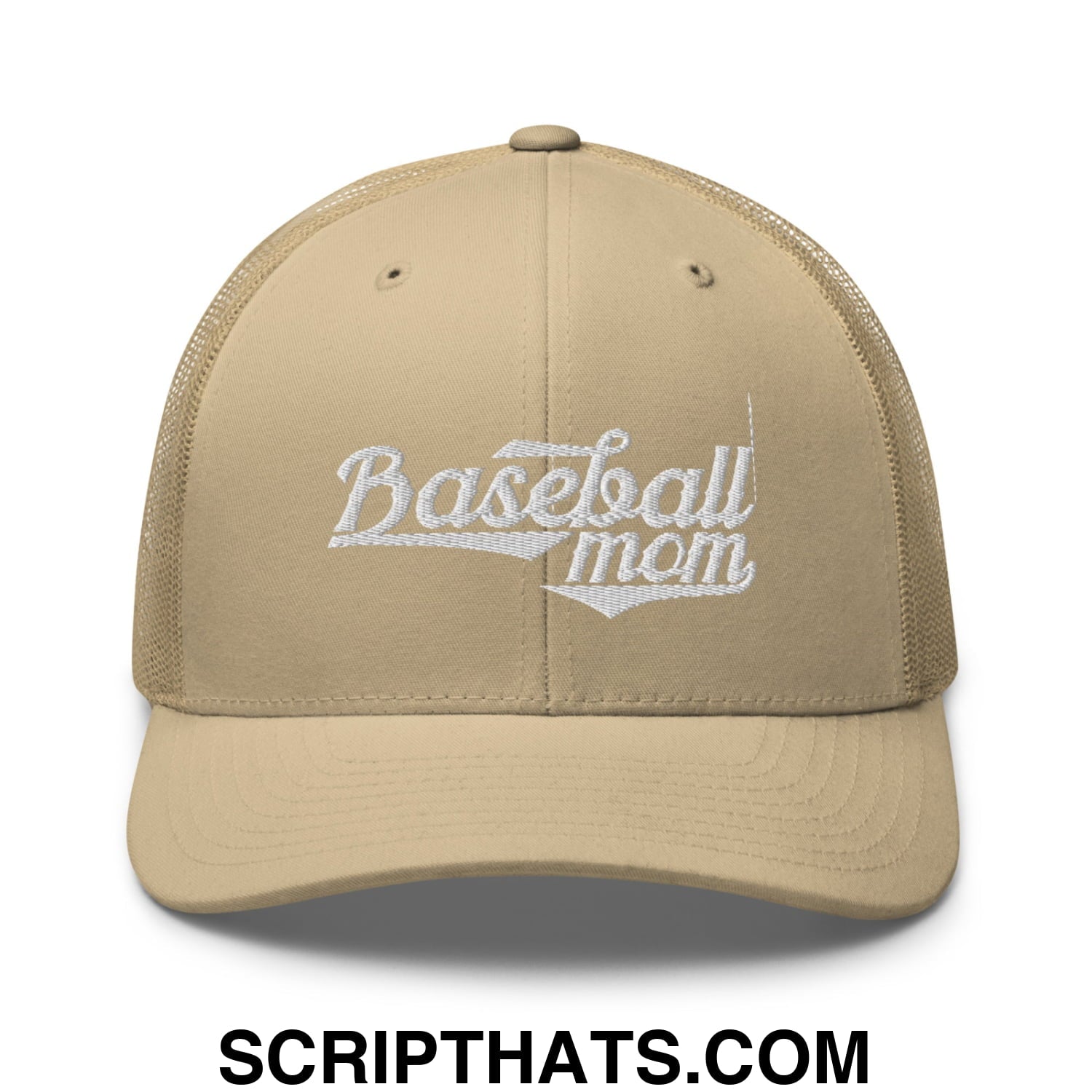 Baseball Mom Embroidered Mesh Trucker Hat Khaki