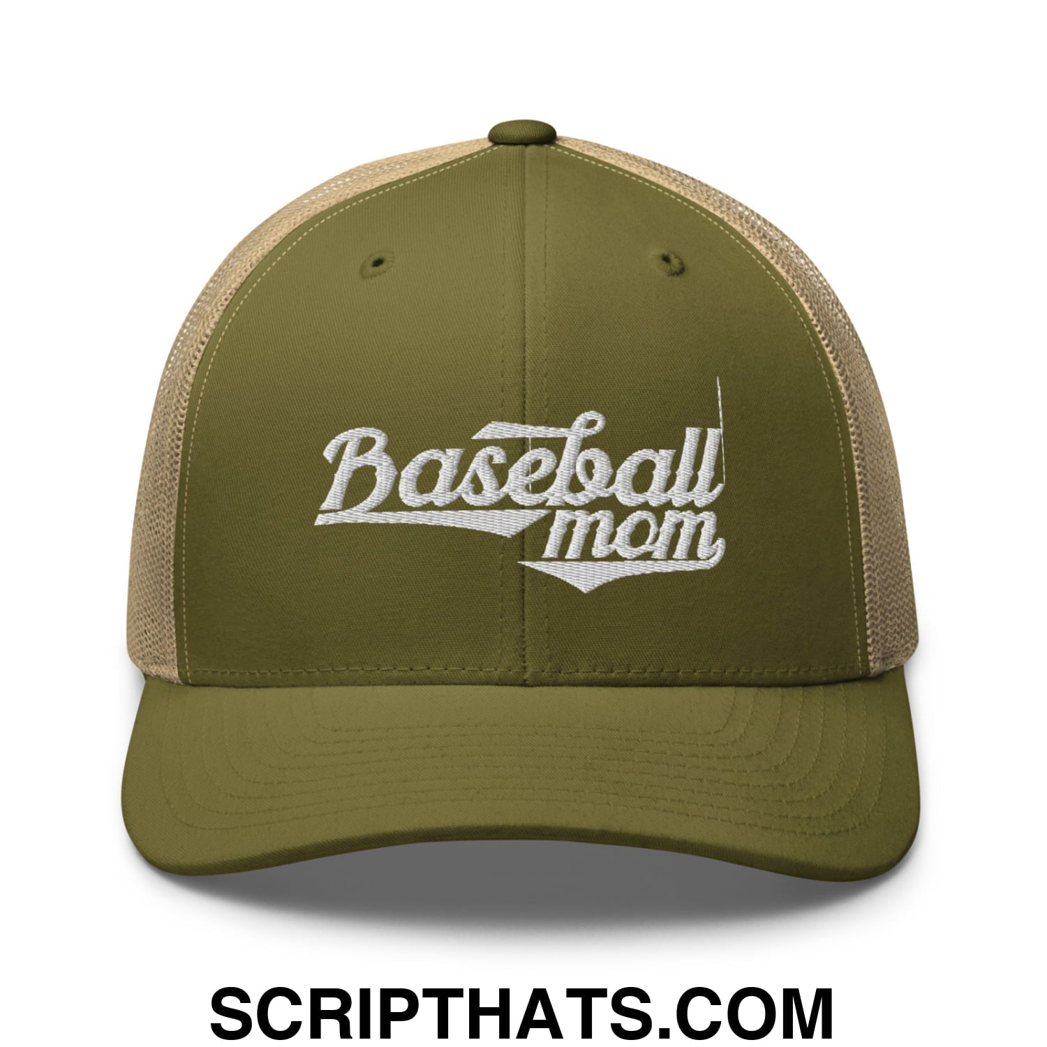Baseball Mom Embroidered Mesh Trucker Hat Moss Khaki