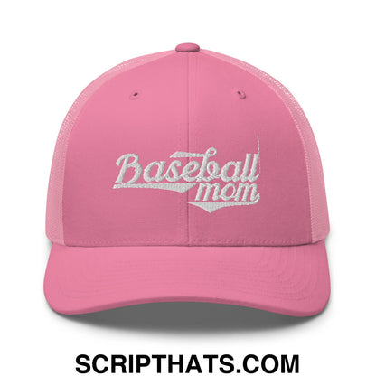 Baseball Mom Embroidered Mesh Trucker Hat Pink