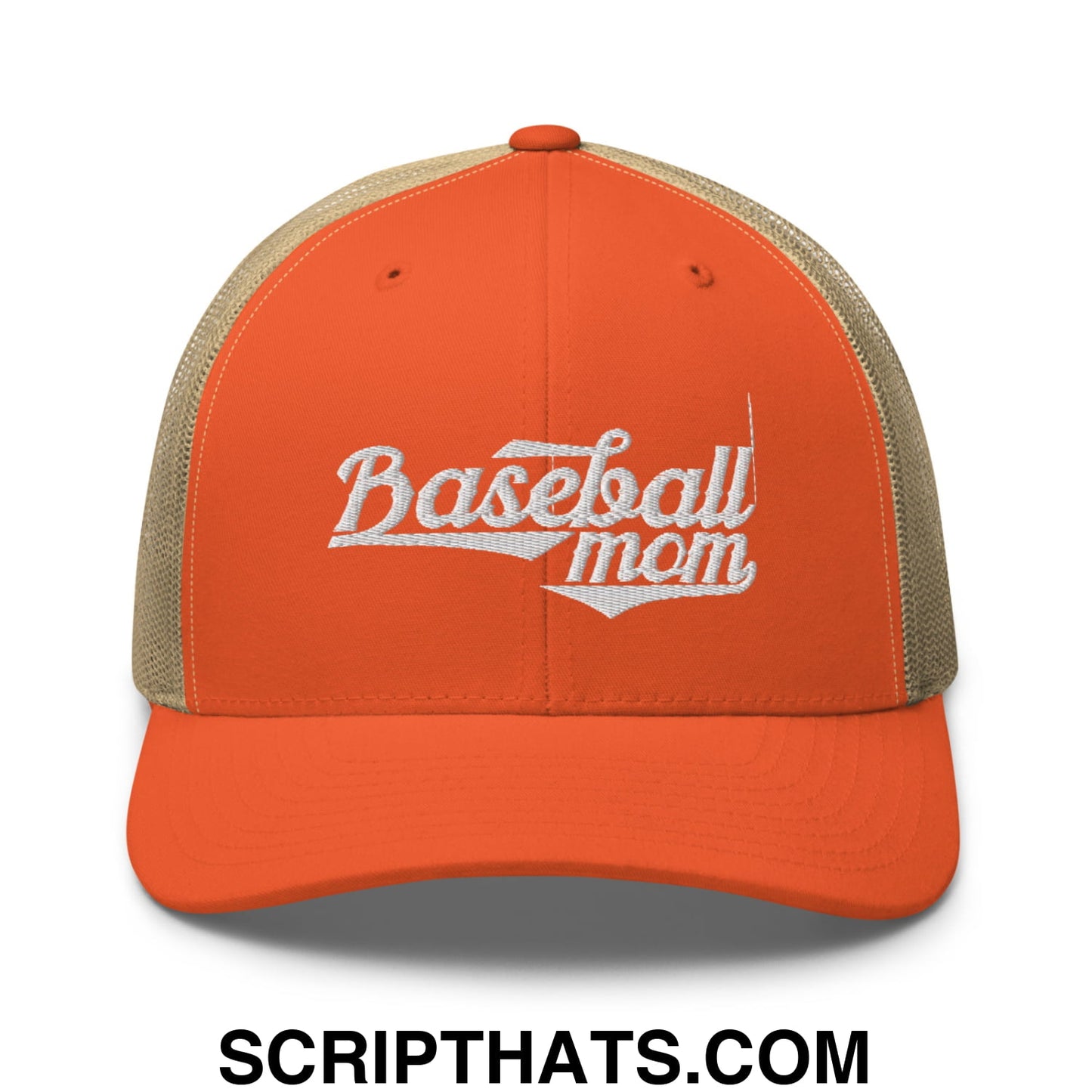 Baseball Mom Embroidered Mesh Trucker Hat Rustic Orange Khaki