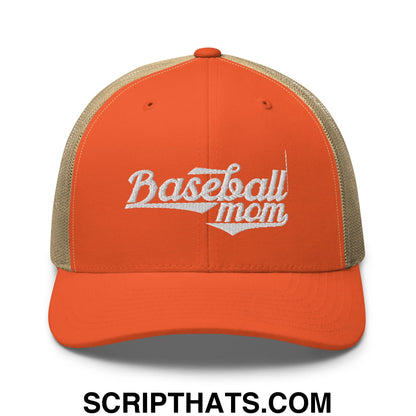 Baseball Mom Embroidered Mesh Trucker Hat Rustic Orange Khaki