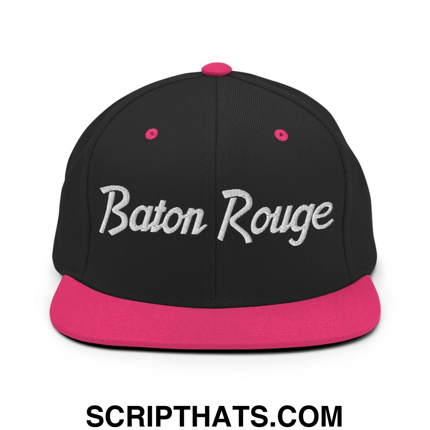 Baton Rouge Script Snapback Hat Black Neon Pink