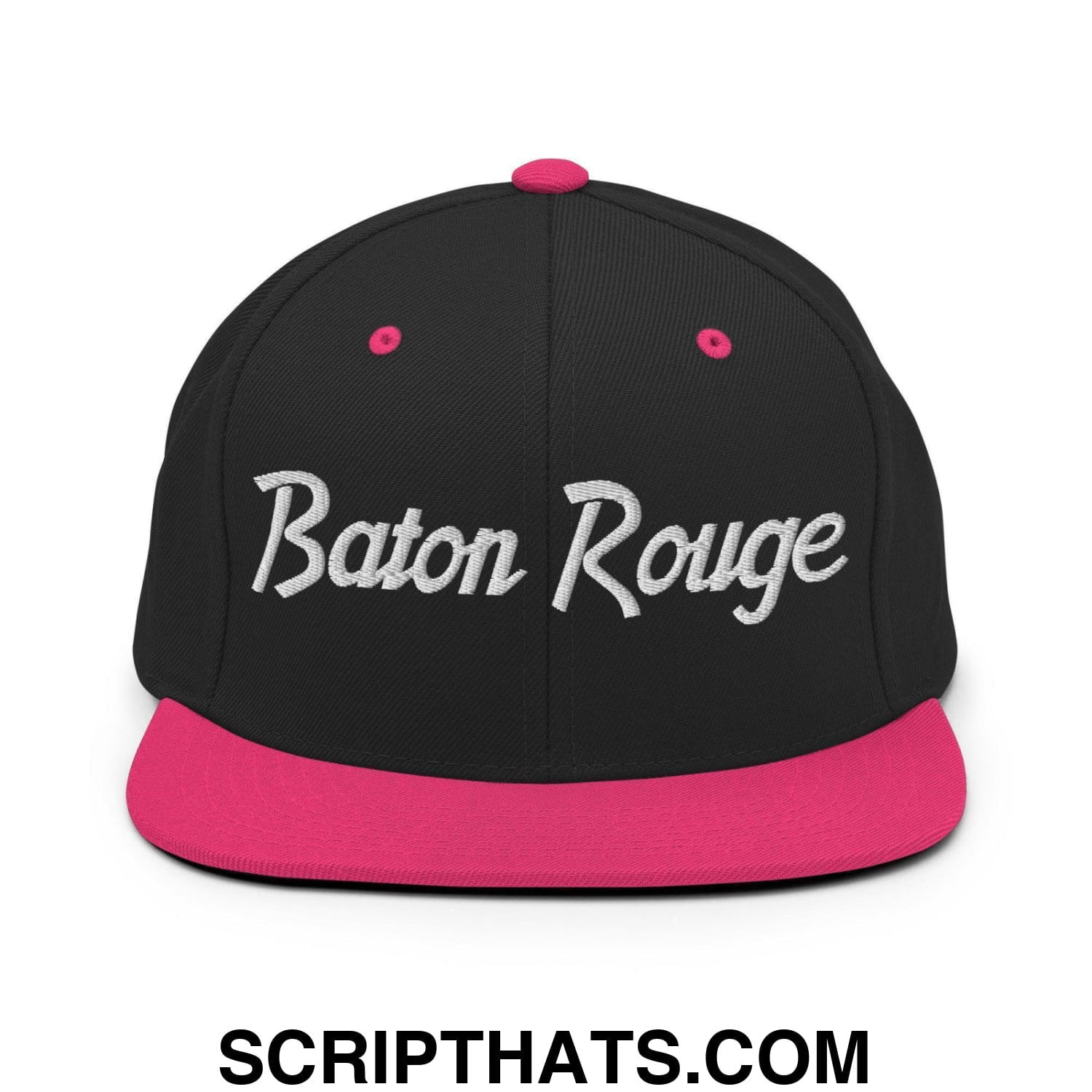 Baton Rouge Script Snapback Hat Black Neon Pink
