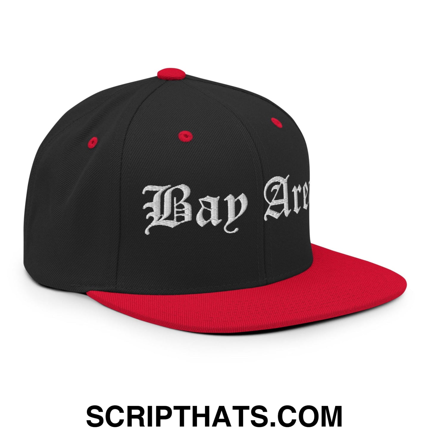 Bay Area Old English Embroidered Flat Bill Brim Snapback Hat Black Red