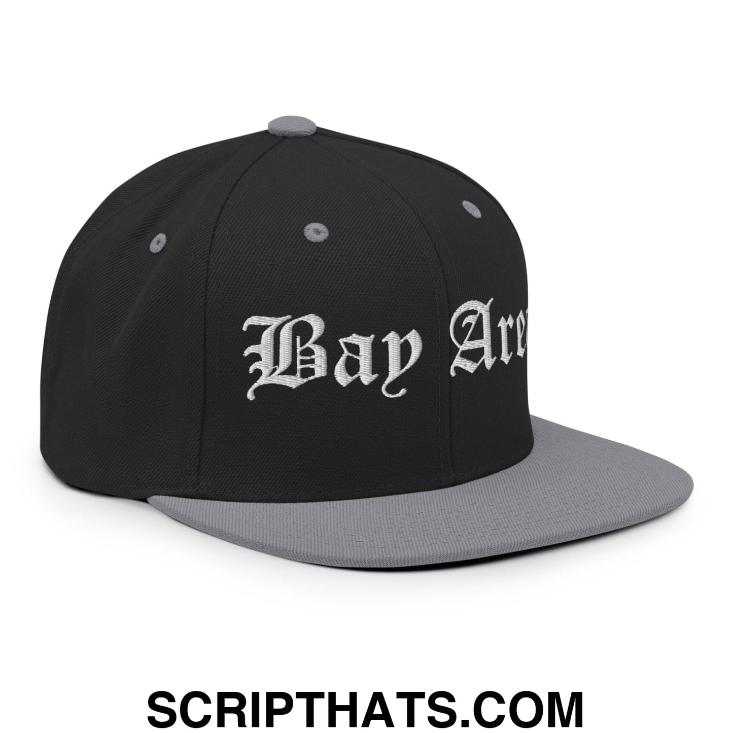 Bay Area Old English Embroidered Flat Bill Brim Snapback Hat Black Silver