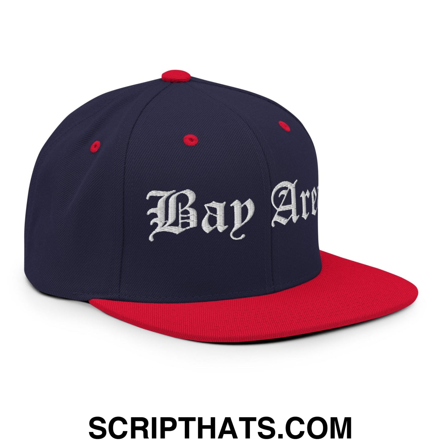 Bay Area Old English Embroidered Flat Bill Brim Snapback Hat Navy Red