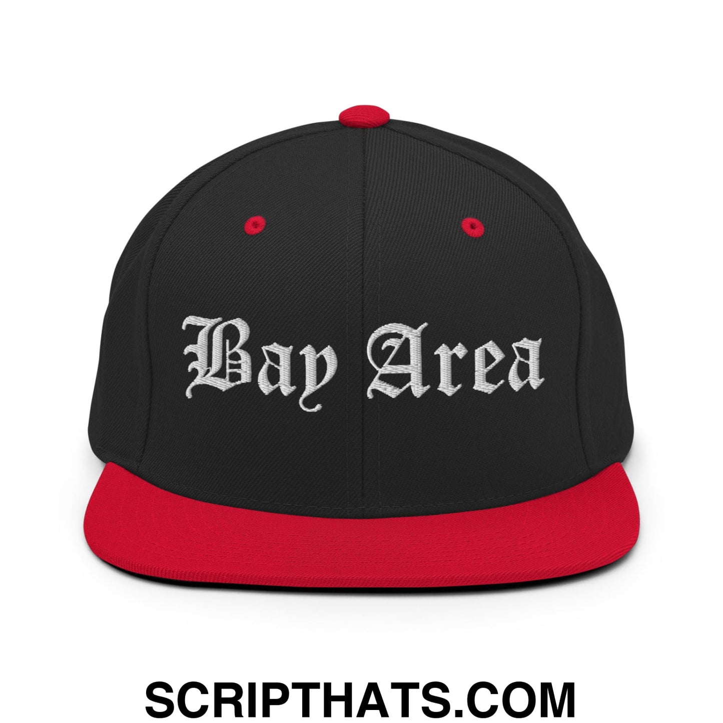 Bay Area Old English Embroidered Flat Bill Brim Snapback Hat Black Red