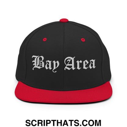 Bay Area Old English Embroidered Flat Bill Brim Snapback Hat Black Red
