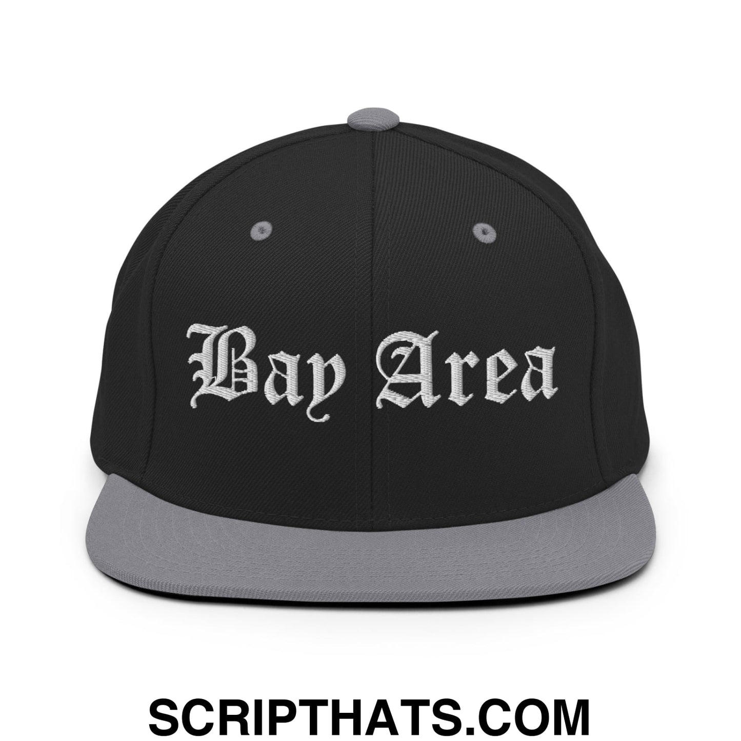 Bay Area Old English Embroidered Flat Bill Brim Snapback Hat Black Silver