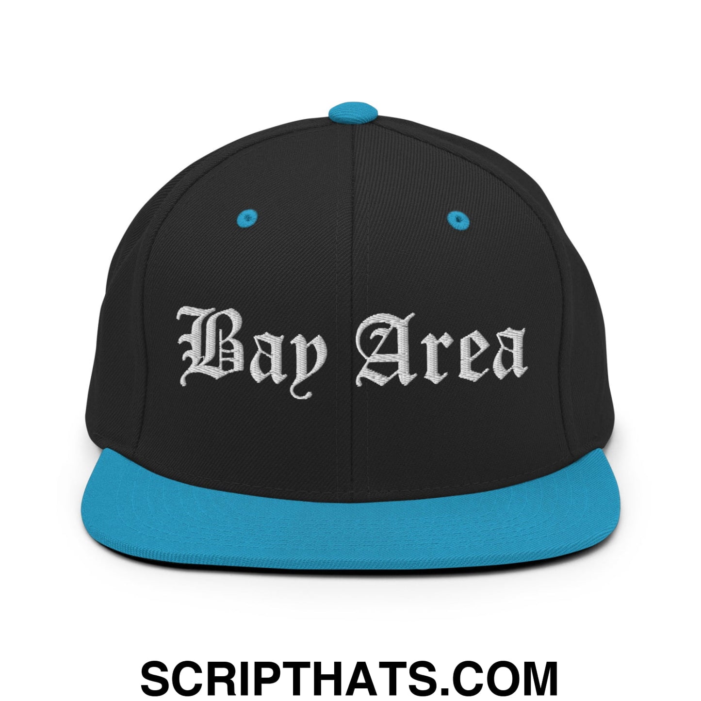 Bay Area Old English Embroidered Flat Bill Brim Snapback Hat Black Teal
