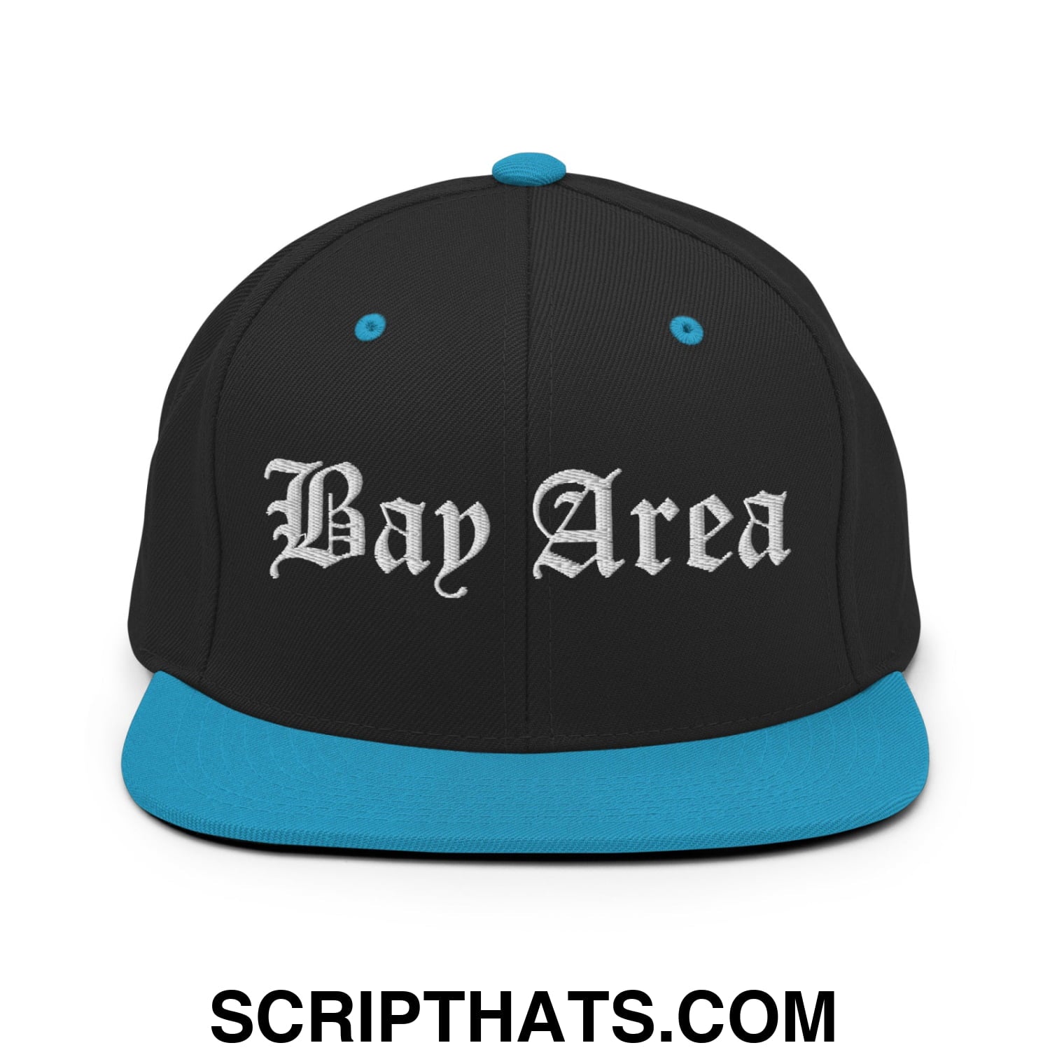 Bay Area Old English Embroidered Flat Bill Brim Snapback Hat Black Teal
